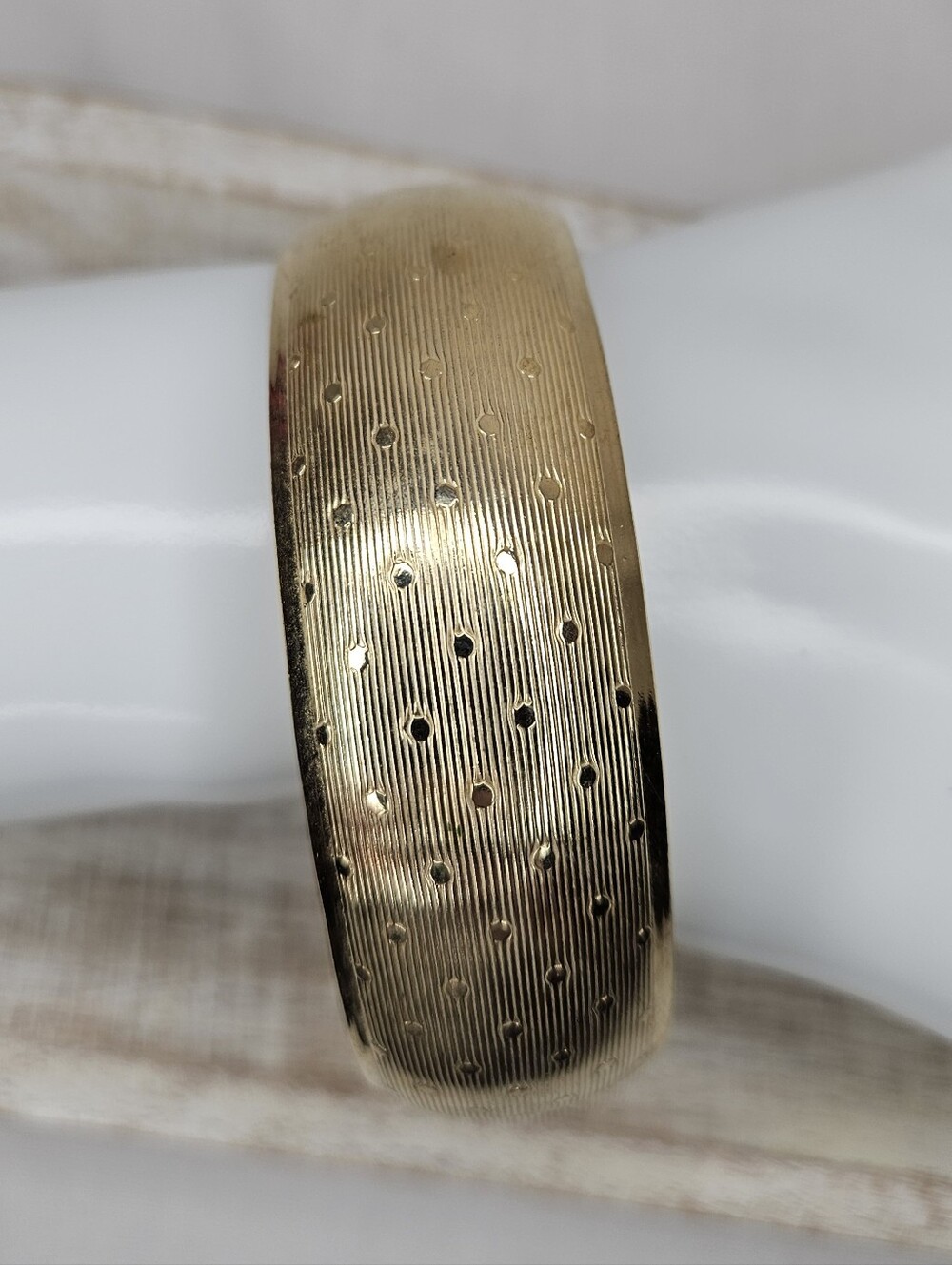 Vintage Gold Tone Domed Textured Bangle Cuff Bracelet 2.68” Inner Diameter